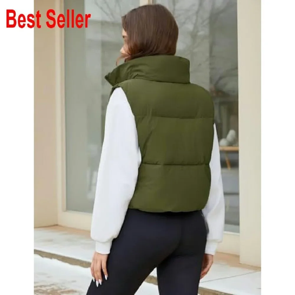 Cropped Puffer Vest Lightweight Warm Zip Up Fashion Stand Collar Chic Layering